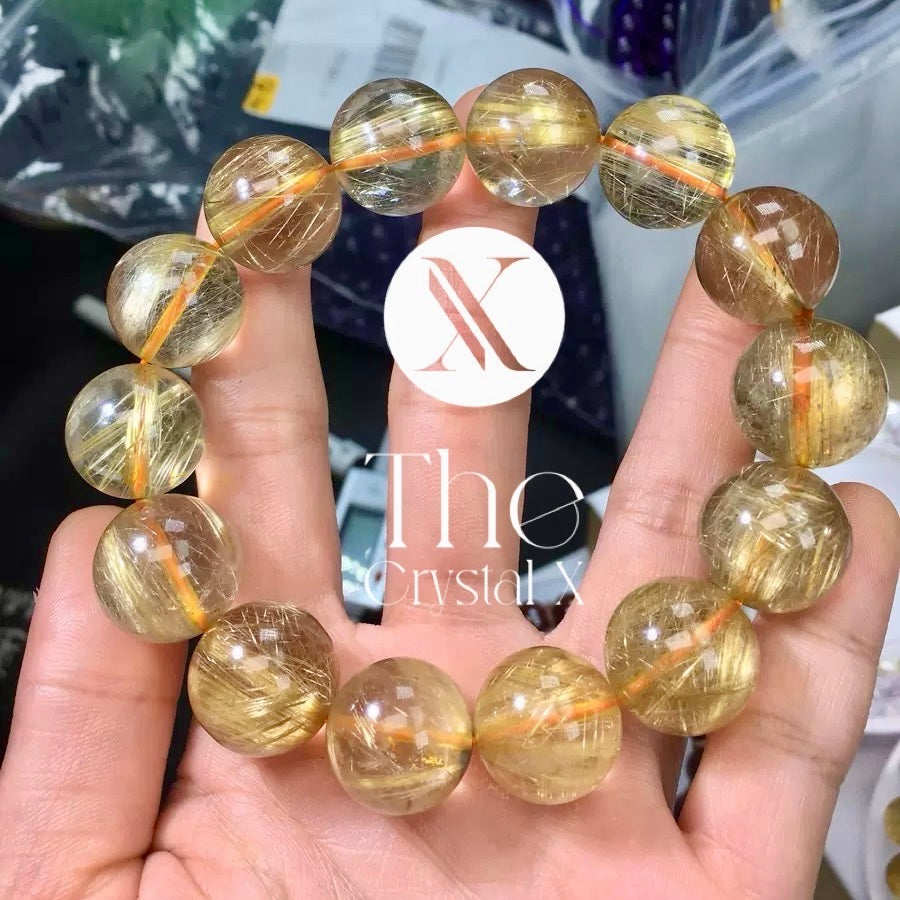 Gold Rutilated Quartz Crystal Bracelet - 16mm Beads