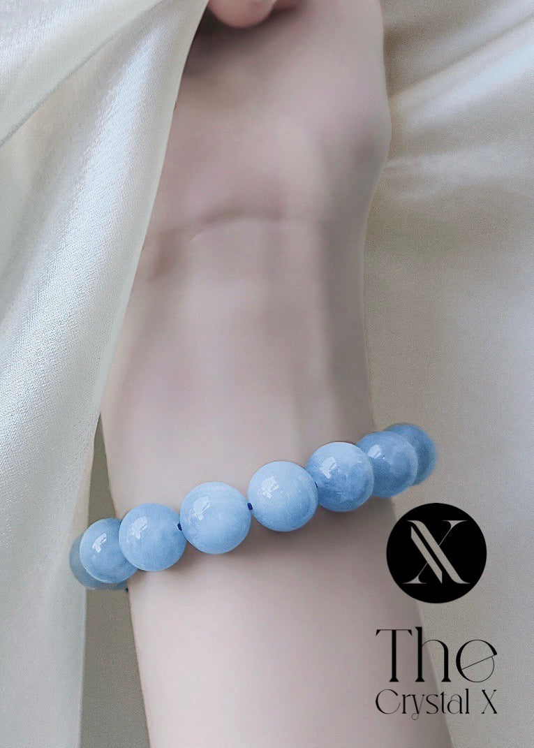 Blue Aquamarine Gem Stone Bracelet - 10mm Beads